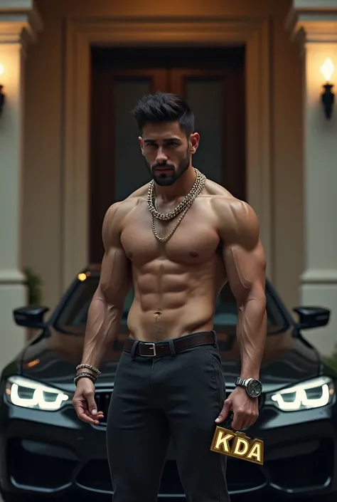 Vague sad man without shirt having six pack abs and gold and silver chain in his neck and gold kda in his hand in standing in front of door of hos villa having bmw next to him 