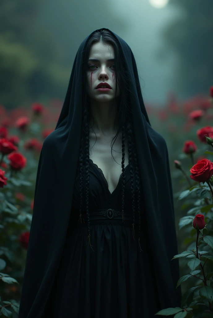 death under the woman, her hair is braided, threads of night black, her lips hide sadness, woman death, dressed in a dress of shadows, her ranges whisper across her temples, in the background a garden full of red roses enveloped in the night glow