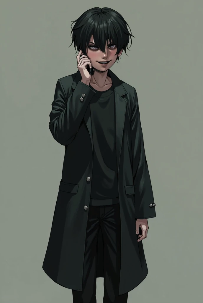 A young boy in black anime clothes with his mouth sewn shut, jujutsu kaisen art style, wearing a black overcoat, controlling marionettes, cold expression, full body shot