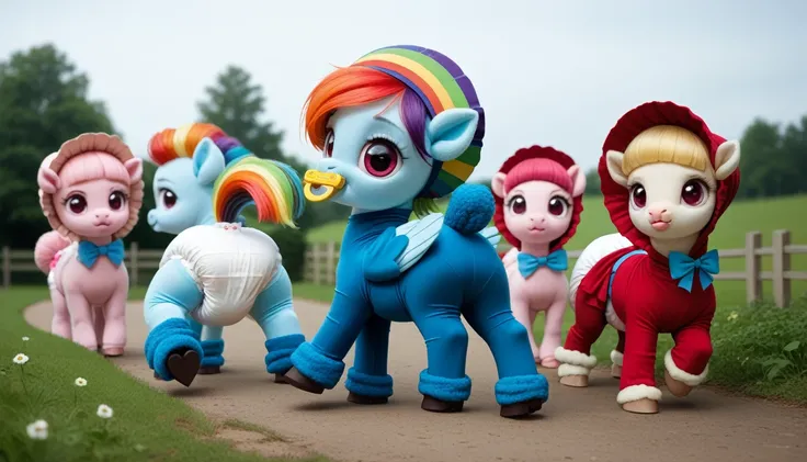 blue pegasus alone, blue wool, adult filly, rainbow mane, gathered in a bonnet, rainbow tail, cherry eyes, stands on four hooves, rear hooves spread wide apart, dressed in a bodysuit and booties, baby pacifier in mouth, solo, thick diaper under clothes. 