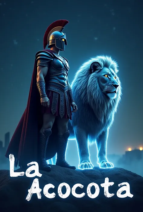 create an image with an artificial intelligence style with a Spartan and a lion that has a night sky and a glowing outline and that has the name LA ACOCOTA with the letters standing out and written in Spanish