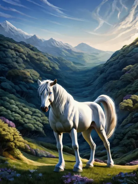 ((8k, Best Quality, Masterpiece: 1.3)), Ultra High Resolution, ( animal), Highly Detailed Eyes, Highly Detailed Face,In the middle of a vast meadow、A pure white horse runs。The hair is as smooth as silk、Shining silver in the light。The mane and tail flutteri...