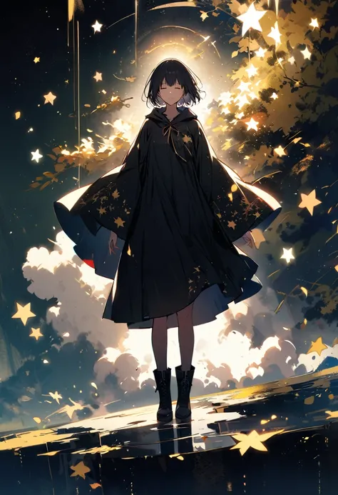 (One Girl) alone, null間, 惑star, Wear a robe, Wear a cloak, star, scenery, 惑star, Close ~ eyes, boots, short hair, bangs, Raise your arms, Long sleeve, floating, Black Hair, null, front, Upper Body
