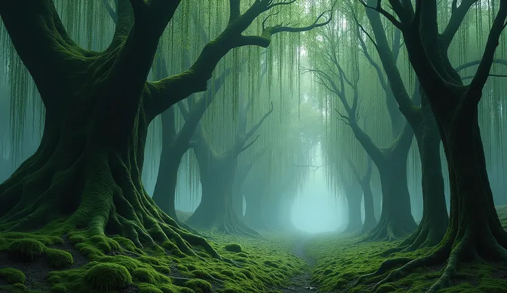 "The Weeping Willows": A grove of ancient willow trees with long, draping branches that seem to sway unnaturally in the absence of wind. The ground is covered in thick, wet moss, and faint sobbing sounds can be heard in the distance.

