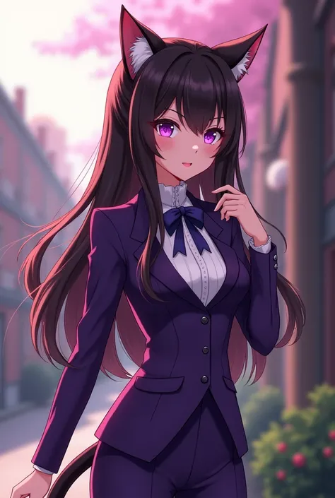 Make an anime style cat girl, with long dark cherry hair with capul, with purple uniform