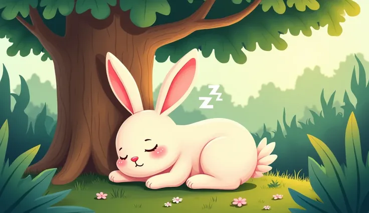 Cartoon , rabbit sleeping , under the tree , with 💤 text one leg is on other leg peacefully sleep in jungle 