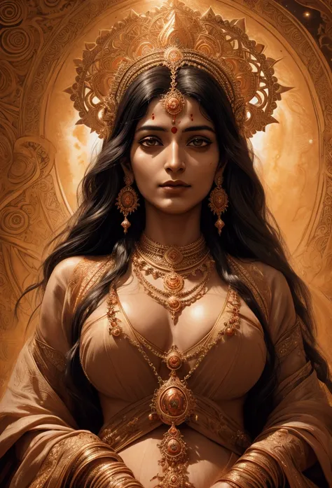 Imagine the Divine Universal Mother, the Maternal Cosmic Power, the Supreme Radiant Power, Shakti. Her appearance is solemn and her face mature. Hd, High detail, High contrast, High texture, Hyper realistic, Cinematic, Photorealism