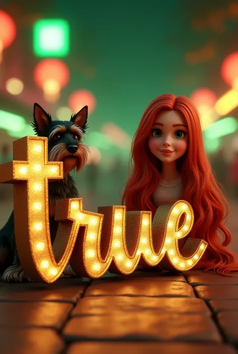 Put Text "True" with gold letters. 
Cut drawing of a red-haired girl with long hair and a snauzer dog. Mexican national holiday. Flag of Mexico. Green bright lights., white and red. 
Vibrant 3d