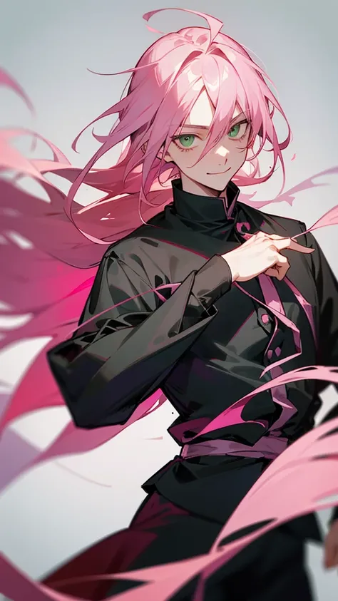 1boy, pink hair, long hair, Hime Cut, Swept Bangs, green eye, Anime, Character, Jujutsu, Jujutsu kaisen, WhiteJujutsu clothing, gently smile, pretty boy, solo, Pointy Hair, Hair Ribbon White, Looking at viewer