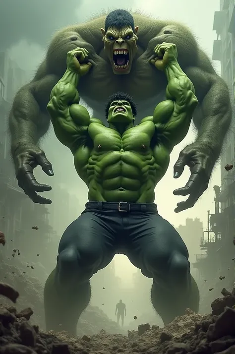 Hulk lifting a huge monster with his bare hands