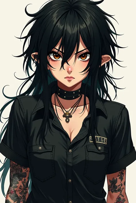 A Berserk anime-style portrait of a person with messy, long black hair and dark brown eyes. The person is wearing black metalhead clothing, including a distressed, dark shirt. They have piercings on both ears—two on the lobule and one on the helix. The per...