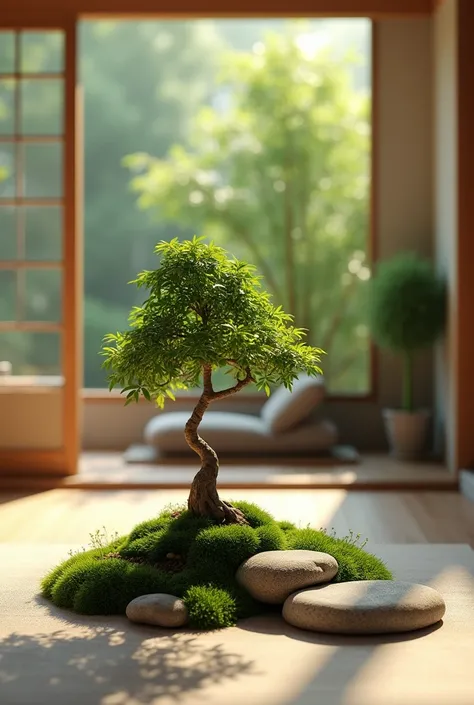 A vertical Instagram video shot of a serene Japanese-inspired indoor garden scene, focused on introducing the concept of tranquility through nature. The camera starts with a close-up of a small bonsai tree placed on a wooden table, with smooth stones and s...