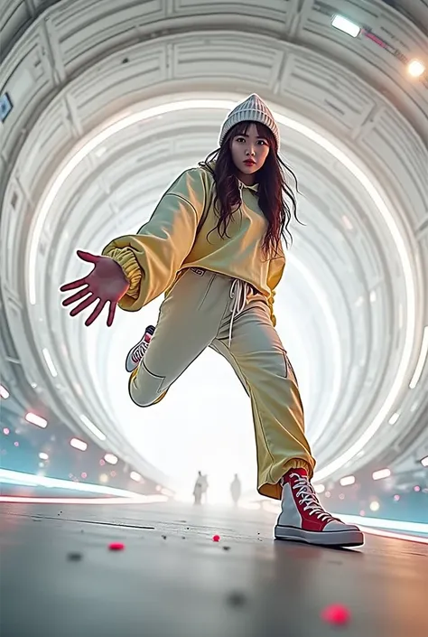 masterpiece, 4k wallpaper, masterpiece sthe , ( subject  ( 1girl, a cute korean women with beautiful hair, wearing an youth stylist oversized hoodie fashion, yellow and black stylist fashion, jumper hoodie and short solid cotton trousers, color parlete sty