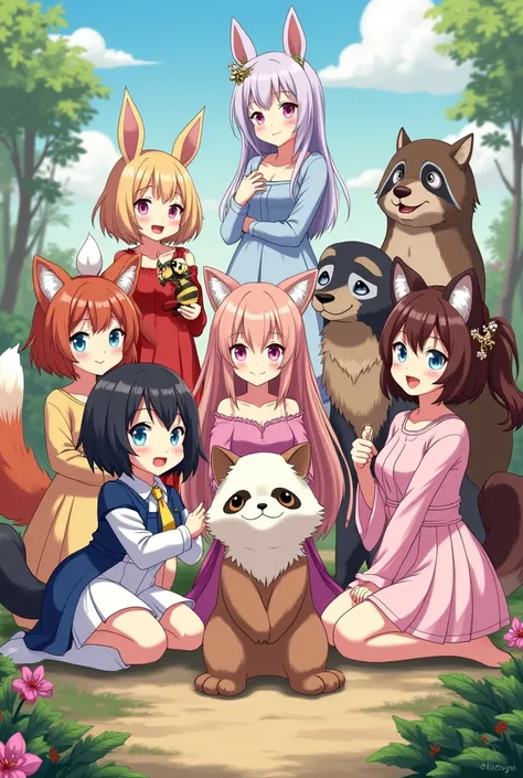 Make a group of 10 animal girls Make 1 cat girl 1 rabbit girl 1 capybara girl 1 raccoon girl 1 llama girl 1 ferret girl 1 bee girl 1 panda girl 1 sloth girl 1 fox girl 10 people
