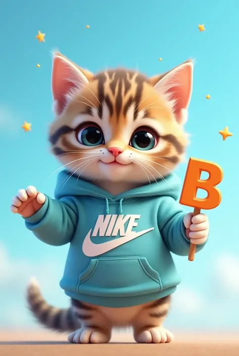 Cute kitten wearing a Nike hoodie and holding a B sign, Blue sky background.