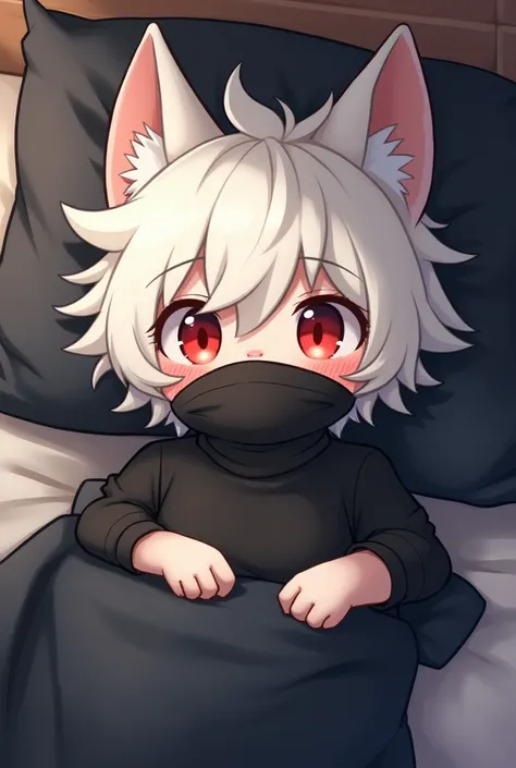 furry, wolf boy, white wolf, male, red eyes, cute, slim figure, short white hair, shy face, wearing a muzzle, fluffy white fur, wearing a black t-shirt, wearing a muzzle, lying sleeping in bed, wearing a muzzle, lying on his back, covered with a black blan...