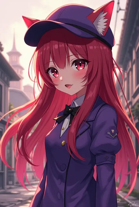 A cat girl with long cherry-colored hair wearing a cap and a purple anime-style uniform