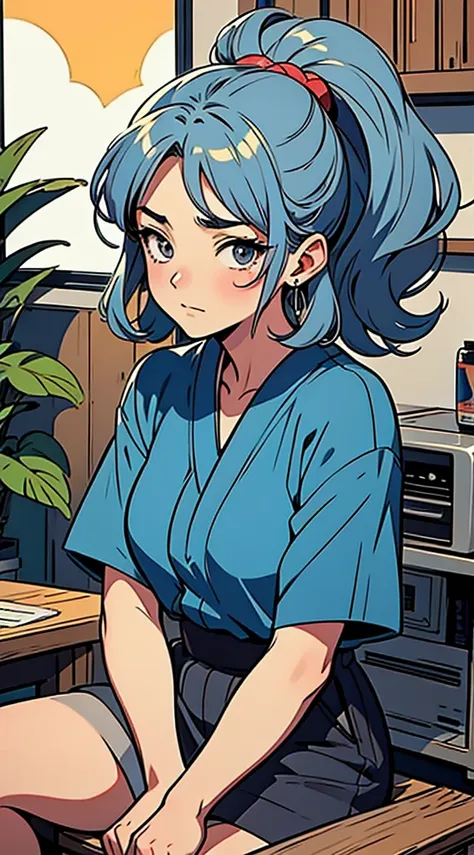 80's pop style, japanese anime, female, slouchy face, dark blue and silver hair color, loose permed hair, upper body, sitting on...