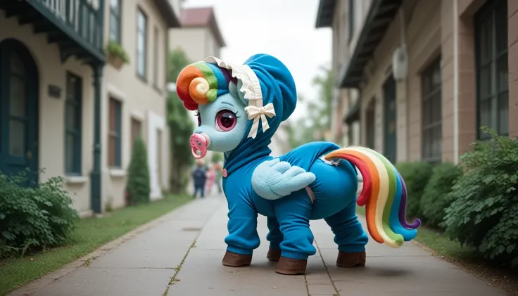 blue pegasus alone, blue wool, adult filly, rainbow mane, gathered in a bonnet, rainbow tail, cherry eyes, stands on four hooves, rear hooves spread wide apart, dressed in a bodysuit and booties, baby pacifier in mouth, solo, thick diaper under clothes. 