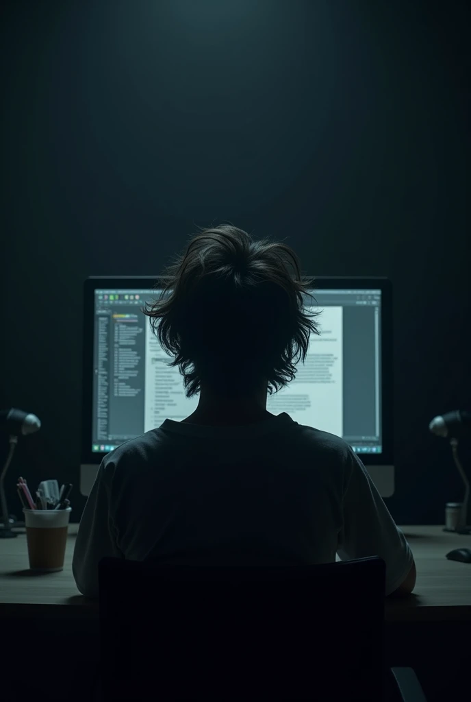 20+ Adult Boy with messy hair  typing computer with faceless from behind (back side) in the dark aesthetic 