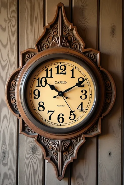 A beautiful Wall clock In wooden wall. And Time Is 12:01 . 