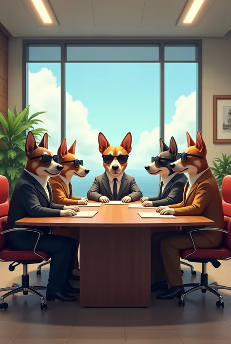 several dogs at a conference table wearing sunglasses in landscape mode

