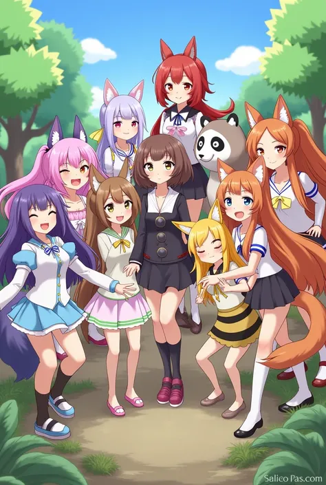 Make a group of 10 animal girls Make 1 cat girl 1 rabbit girl 1 capybara girl 1 raccoon girl 1 llama girl 1 ferret girl 1 bee girl 1 panda girl 1 girl 1 fox girl there are 10 people