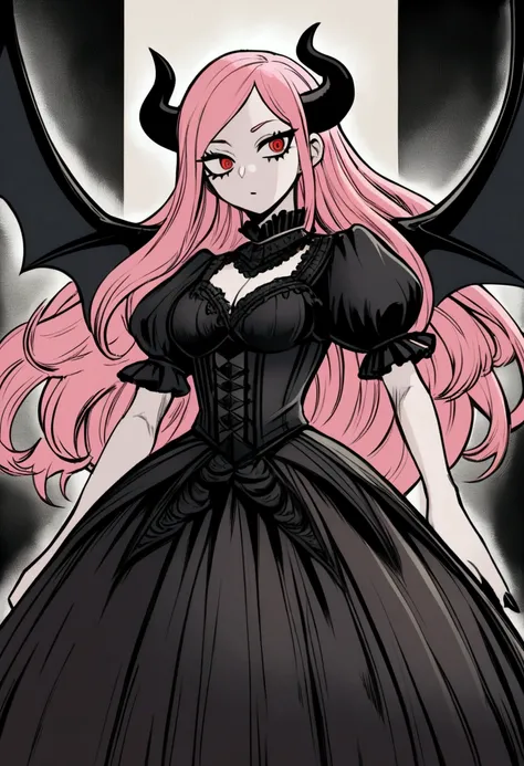 a pink haired succubuss, Red eyes, Pale complexion with black bat wings and black horns. Black color dress, her clothes are Victorian style. in the drawing style of my hero academia