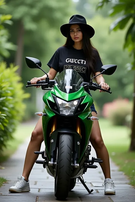 Instructions

Copy

Realistic photography. Professional model shooting. Young Indonesian woman wearing a black hat, a guci t-shirt
with a fat and tall body, wearing black jeans shorts. White Jordan shoes. sitting on a black green Kawasaki Ninja motorcycle....