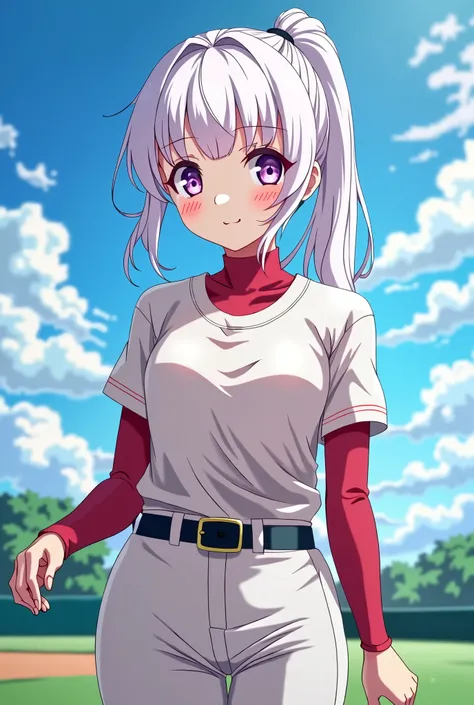 HD、Animation style、white hair 、Purple Eyes、girl、High school student 、Medium long single ponytail、Baseball player、Light color short sleeve top、Long sleeve red underwear、plump breasts、Good shape、Thin、black belt、Sky、cloud、sunny、field