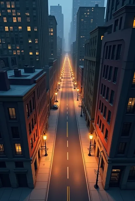 Realistic city with 2d view, empty street, street lights, Buildings with light windows. no people 2D VIEW
