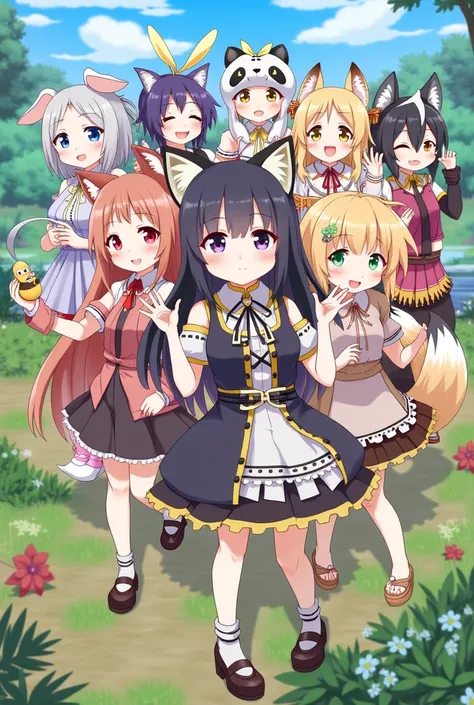 Make a group of 10 animal girls Make 1 cat girl 1 rabbit girl 1 capybara girl 1 raccoon girl 1 llama girl 1 ferret girl 1 bee girl 1 panda girl 1 girl 1 fox girl there are 10 people