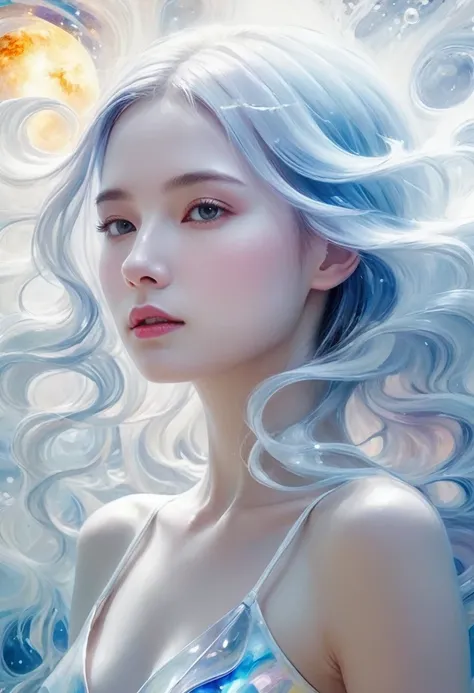 Painting of beautiful young woman., Mysterious waves at night. 3d. white，shallow. The melting beauty of the universe. Nebula Reflection Surrealism. Glass texture，translucent，crystallization