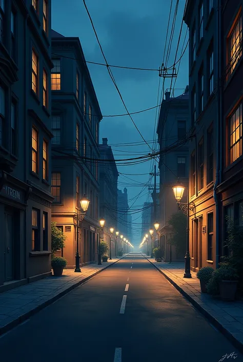 Realistic city with 2d view, empty street, street lights, Buildings with light windows. no people, person POV
