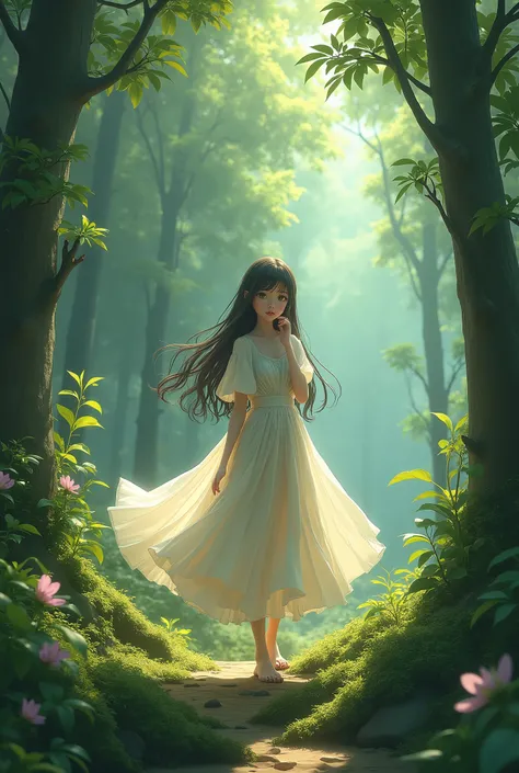 Create hyper realistic girl anime character with frock standing in greenary forest