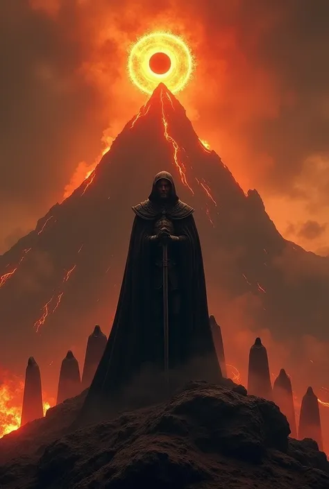 Dark Lord Sauron，Standing with your back to Mount Doom，On the top of the volcano is the Eye of Sauron.，Behind Sauron are the nine Ringwraiths，4K，Ultra-clear picture quality