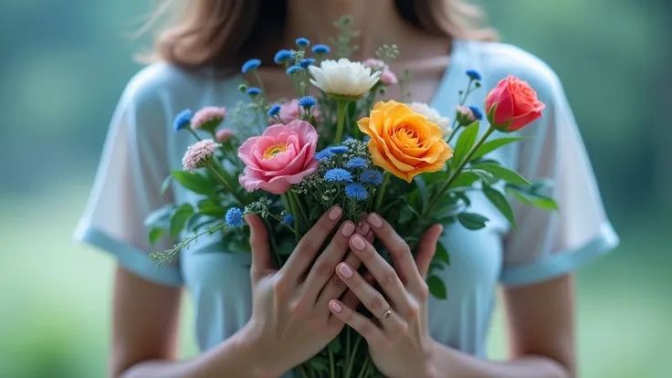 Holding flowers in both hands、Hold in front of chest