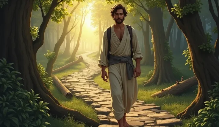 A winding path of stones, surrounded by a dense forest, with fallen trunks blocking the passage. A young male stoic philosopher with a well-proportioned and attractive physique, not excessively muscular. He is wearing classic tunics, slightly transparent, ...