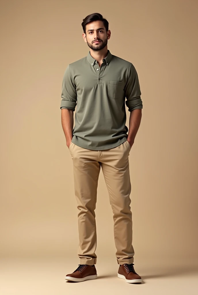 Full body picture of man in beige khaki pants and brown casual leather shoes with white soles
