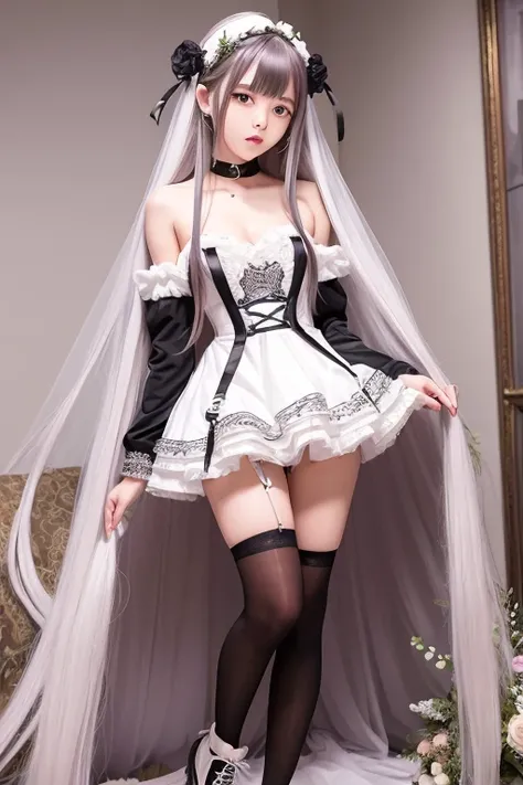 extremly very long hair,knee high socks,exteremly large breats,huge thighs,hair ornaments flower,hair bangs,garter belt,miniskirt,mini wedding dress