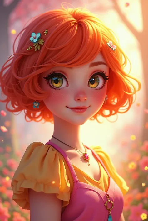 Draw Sophie.xdt young and beautiful with short orange hair, pink and yellow clothes and bright eyes