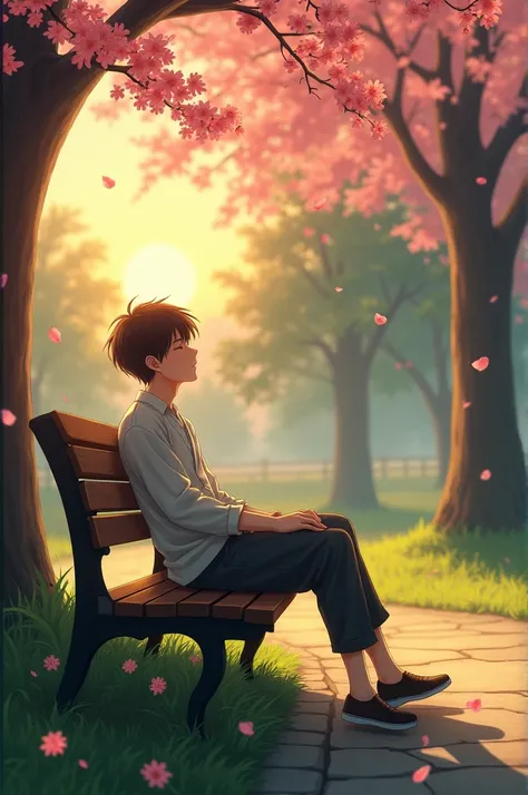 Visualize a quiet park in the early evening. A gentle breeze flows, and the sun is setting. A blind man is sitting on a bench, eyes closed, enjoying the feel of the wind
Anime character 