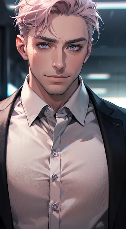 (best quality,4k,8k,highres,masterpiece:1.2),ultra-detailed,(realistic,photorealistic,photo-realistic:1.37),1 man,3,mature man,very handsome,without expression,smile,short grey pink hair,blue eyes,penetrating gaze,perfect face without errors,imposing postu...