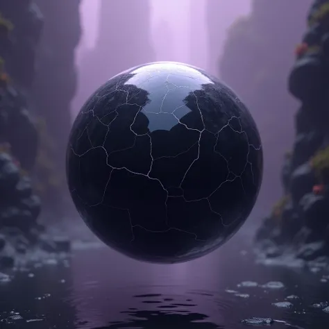 hyper realistic, fantastic, a magical black round stone, opaque like obsidian, absorbing light, cracked, no reflection, floating in the air, no object or character, empty, top view, purple background and blurred top view