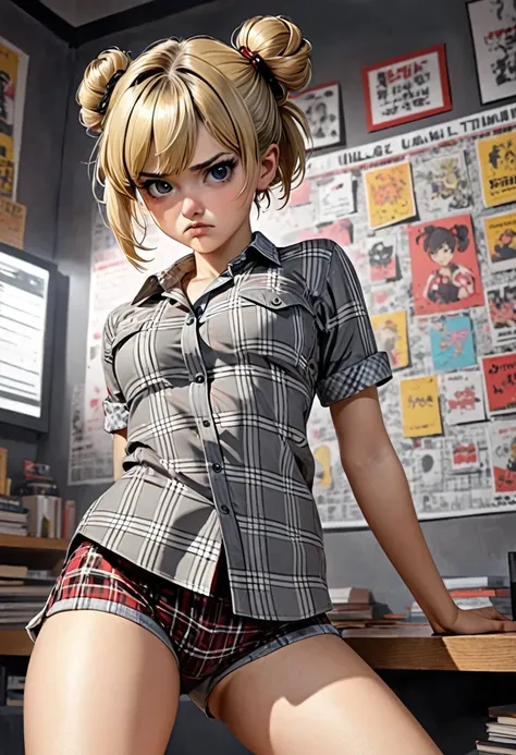 illustration, detailed illustration, ultra detailed, 1girl, short hair, twin buns hairstyle, blonde hair, gray eyes, plaid shirt, boyshort panties, arms folded medium breasts, angry