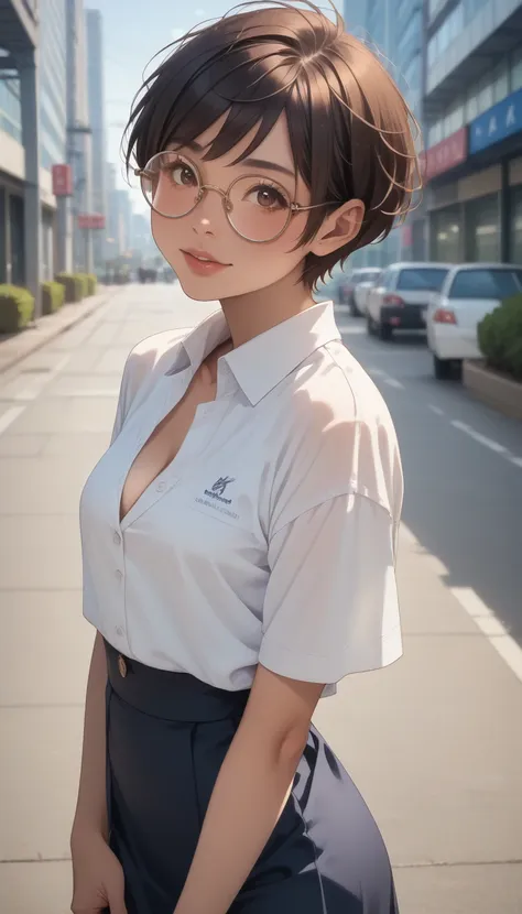 score_9, score_8_Excellent, score_7_Excellent, Realistic:1.2, realistic face and eyes:1.3, Realistic skin:1.3, Japanese idol photos, Beautiful young idol, 1, Perfect model body shape., tomboy, (very short hair, pixie cut, Black Hair), circle-glasses, (((Ca...