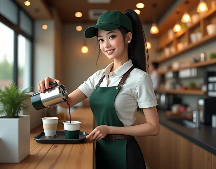 Cute Female barista trainee, Thai university uniform, black plain tight slit mini skirt, slim and perfect figure, medium breasts, emphasize on breasts and hip and bottoms and thigh, rule of thirds, white plain between cap-sleeve and short-sleeve button up ...