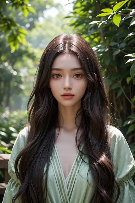 A slender and graceful woman, of 1.75 meters high. Her hair is long and wavy, of a dark brown color that mixes with green flashes under the sunlight. His eyes are a deep green, reflecting their connection with nature. Your skin is soft and clear, adorned w...