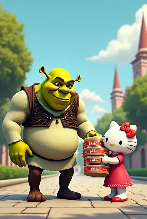 Shrek and Hello Kitty handing out food containers with the PUCP logo at the PUCP
