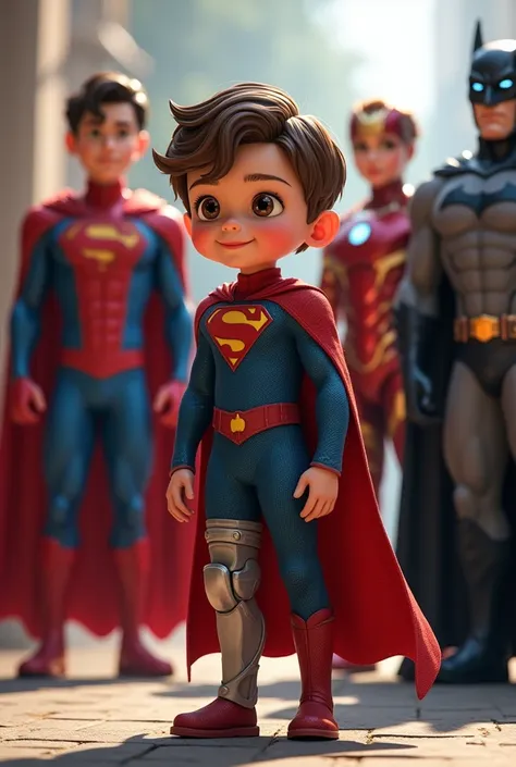 Brown haired boy dressed as a superhero, with splint on left leg, brought together spiderman, superman, Iron man, Batman holding the name Tiziano 